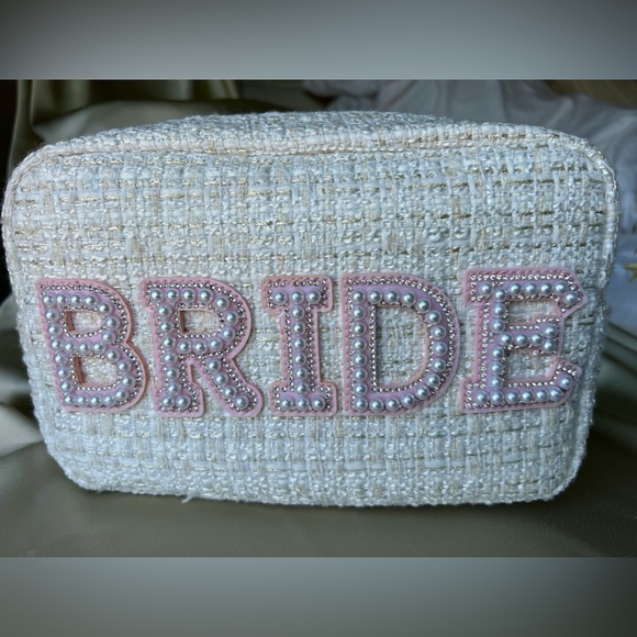 Large Tweed Bride Cosmetic Bag w/ Pearl & Rhinestone Personalized Letter Patches - Picture 3 of 10